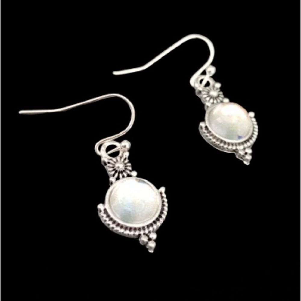 Faux Moonstone & Silver Tone Drop Earrings, Ornate Vintage Balinese Opal Style